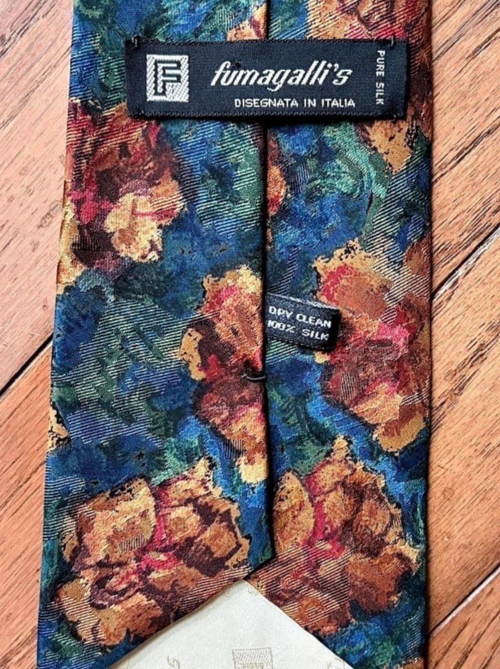 Vintage Fumagalli 1891 Floral 3 1/2 inch Silk Tie in Blue & Orange Like New - Picture 2 of 3